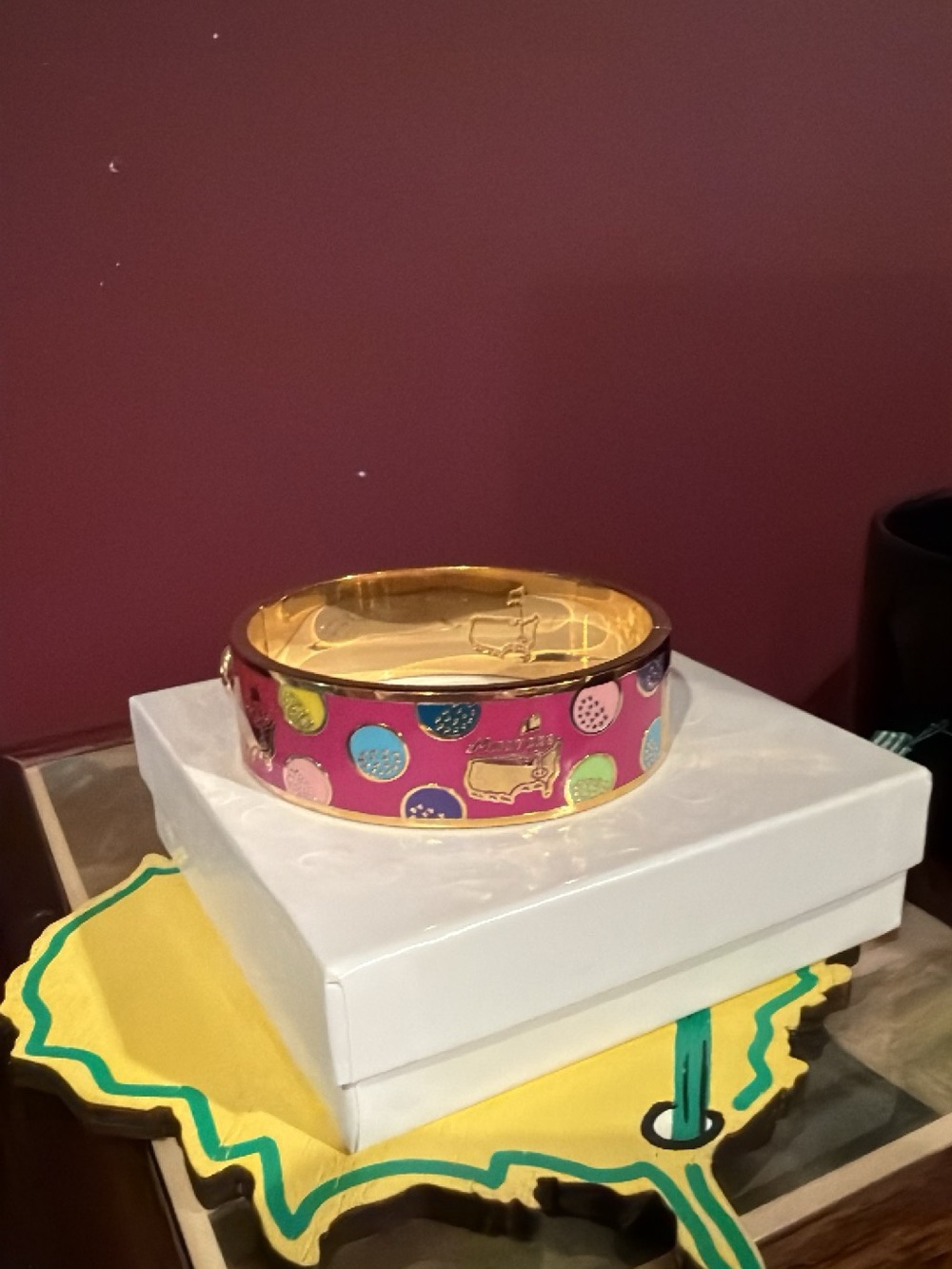Augusta National Gold-Tone Pink Enamel Bangle Bracelet with Colorful Dot